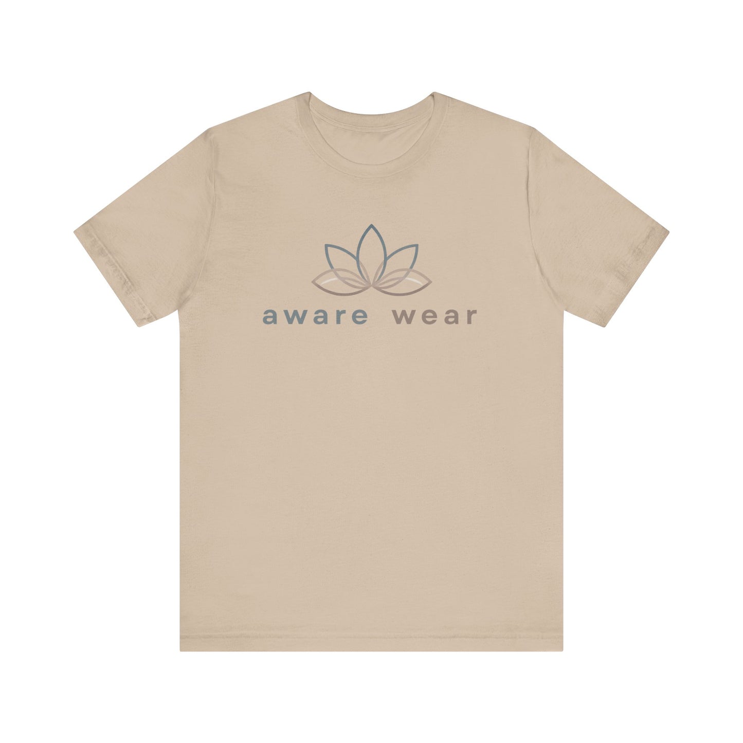 Beige t-shirt with 'aware wear' logo on a white background front view