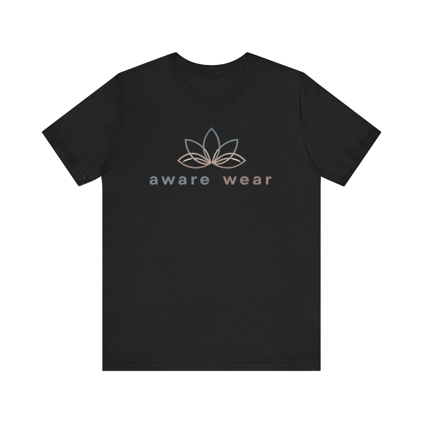 Black t-shirt with 'aware wear' logo on a white background front view