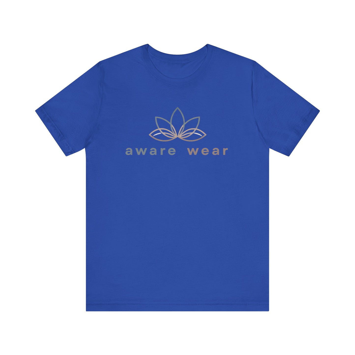 Blue t-shirt with 'aware wear' logo on a white background front view