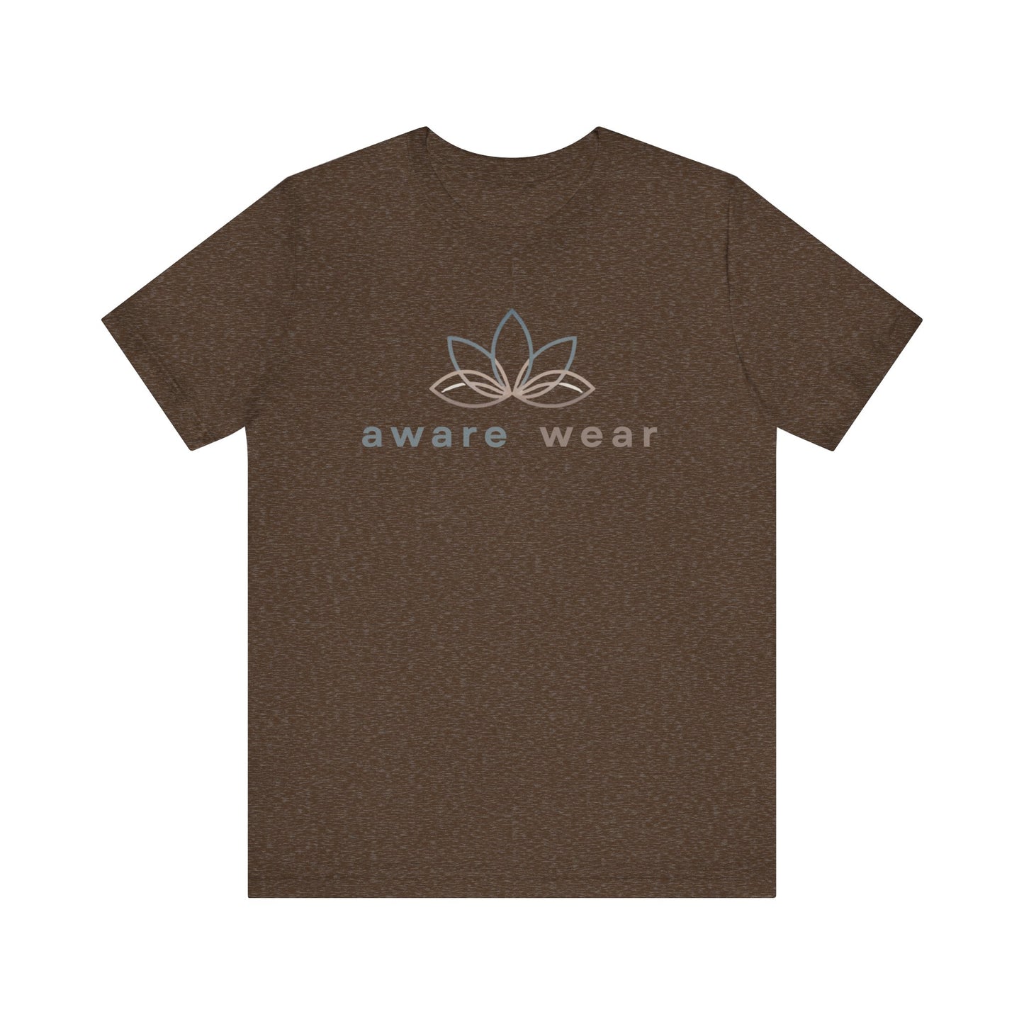 Brown t-shirt with 'aware wear' logo on the back against a white background front view