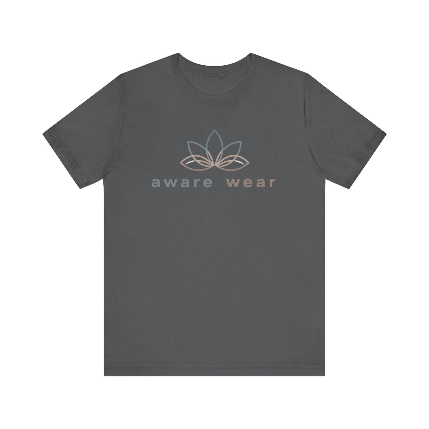 Dark grey t-shirt with 'aware wear' logo on a white background front view