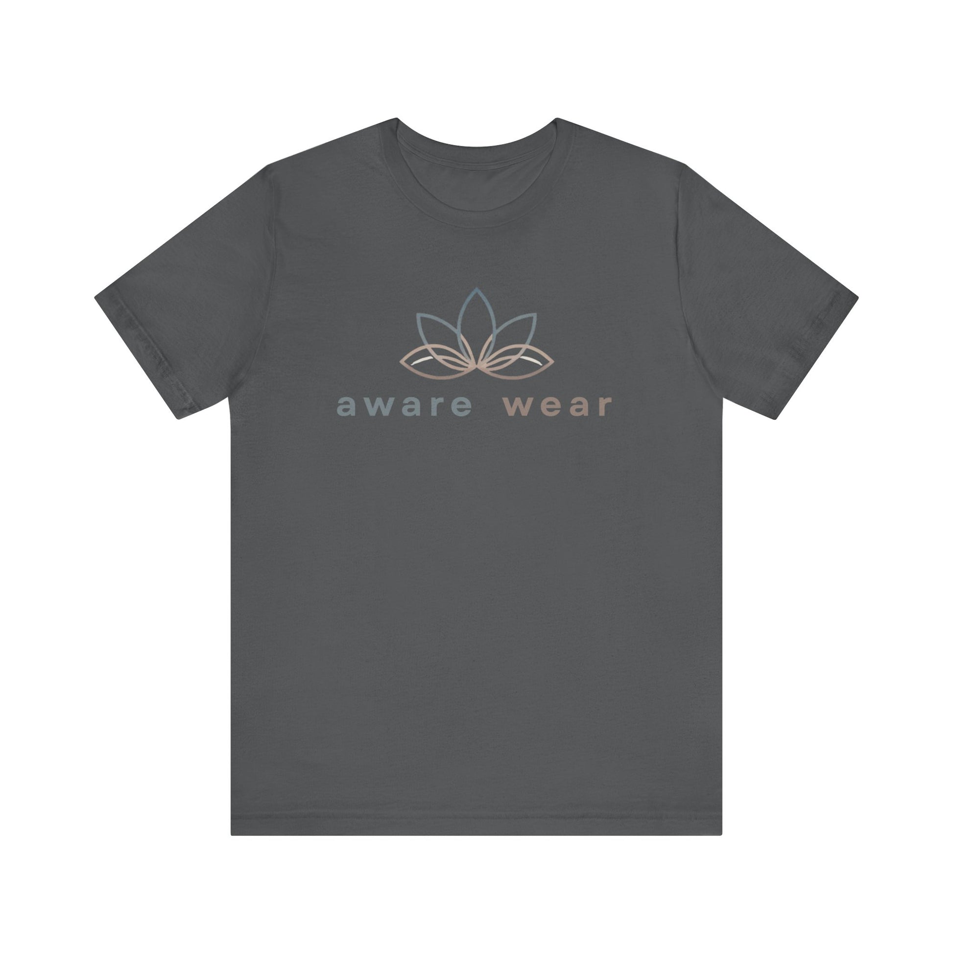 Dark grey t-shirt with 'aware wear' logo on a white background front view