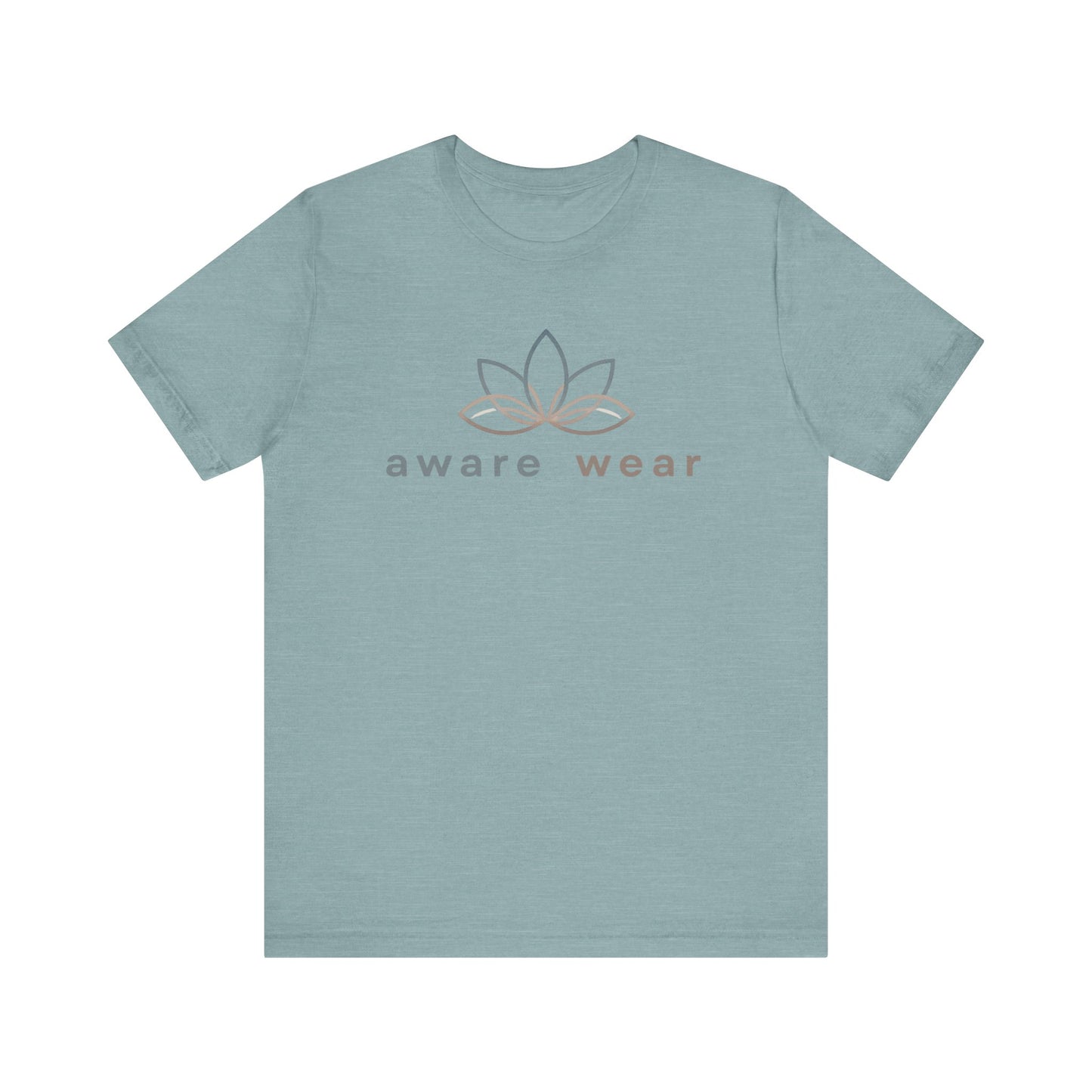 Light blue t-shirt with 'aware wear' logo on a white background front view