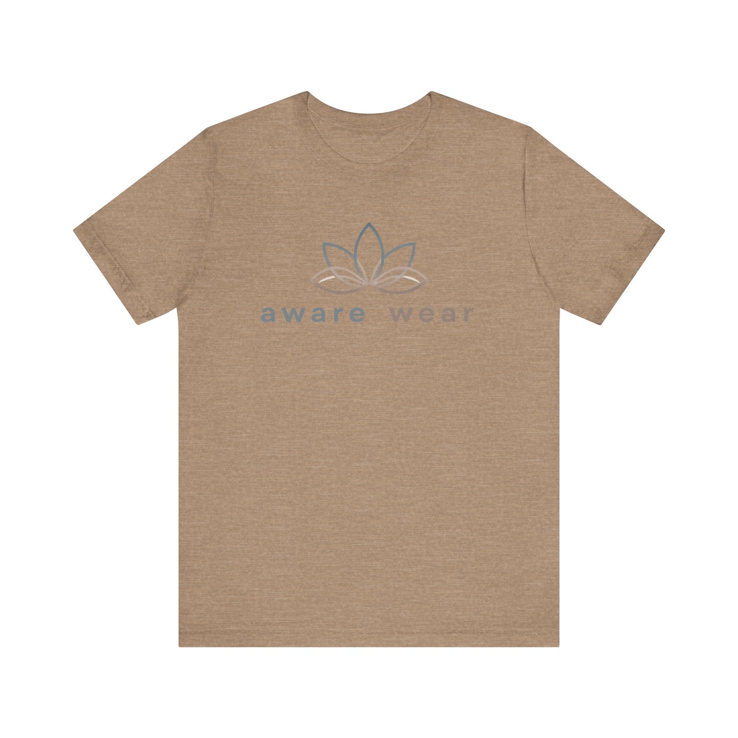 Brown t-shirt with 'aware wear' logo on a white background front view