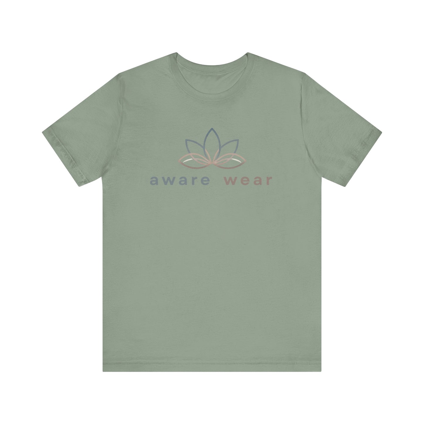 Green t-shirt with 'aware wear' logo on a white background front view