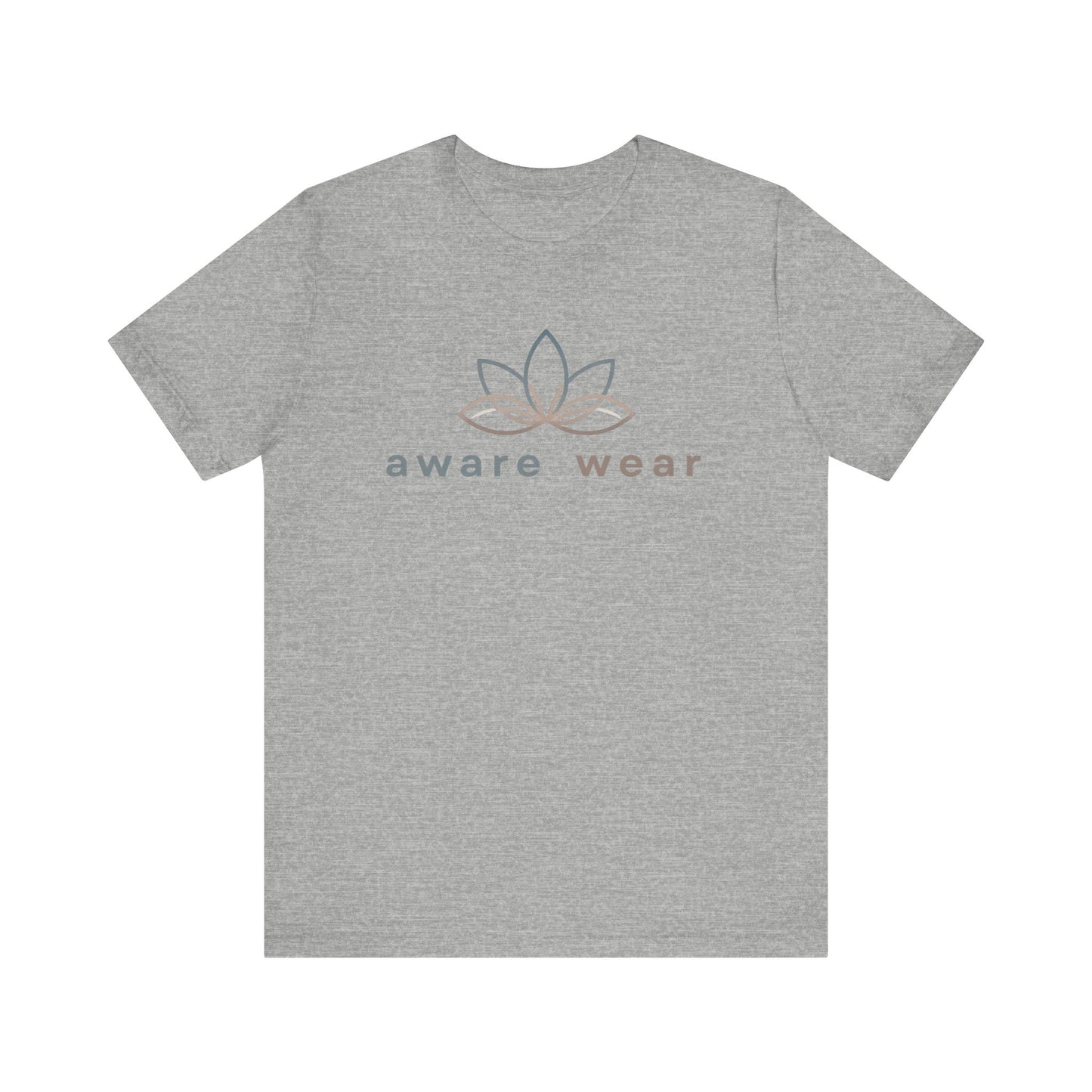 Grey t-shirt with 'aware wear' logo on a white background front view