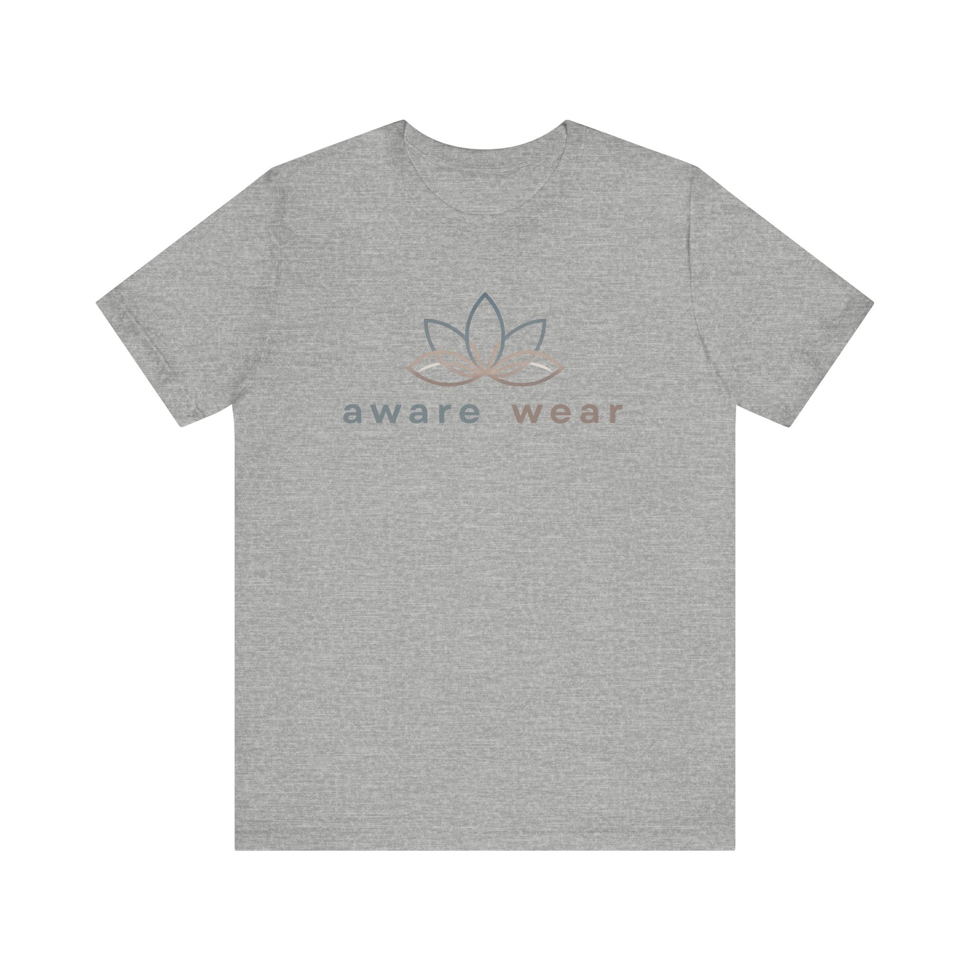 Grey t-shirt with 'aware wear' logo on a white background front view