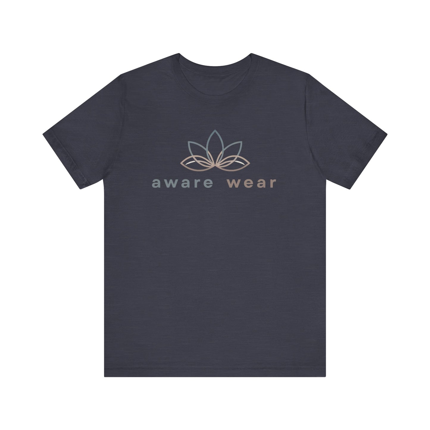 Navy blue t-shirt with 'aware wear' logo on a white background front view