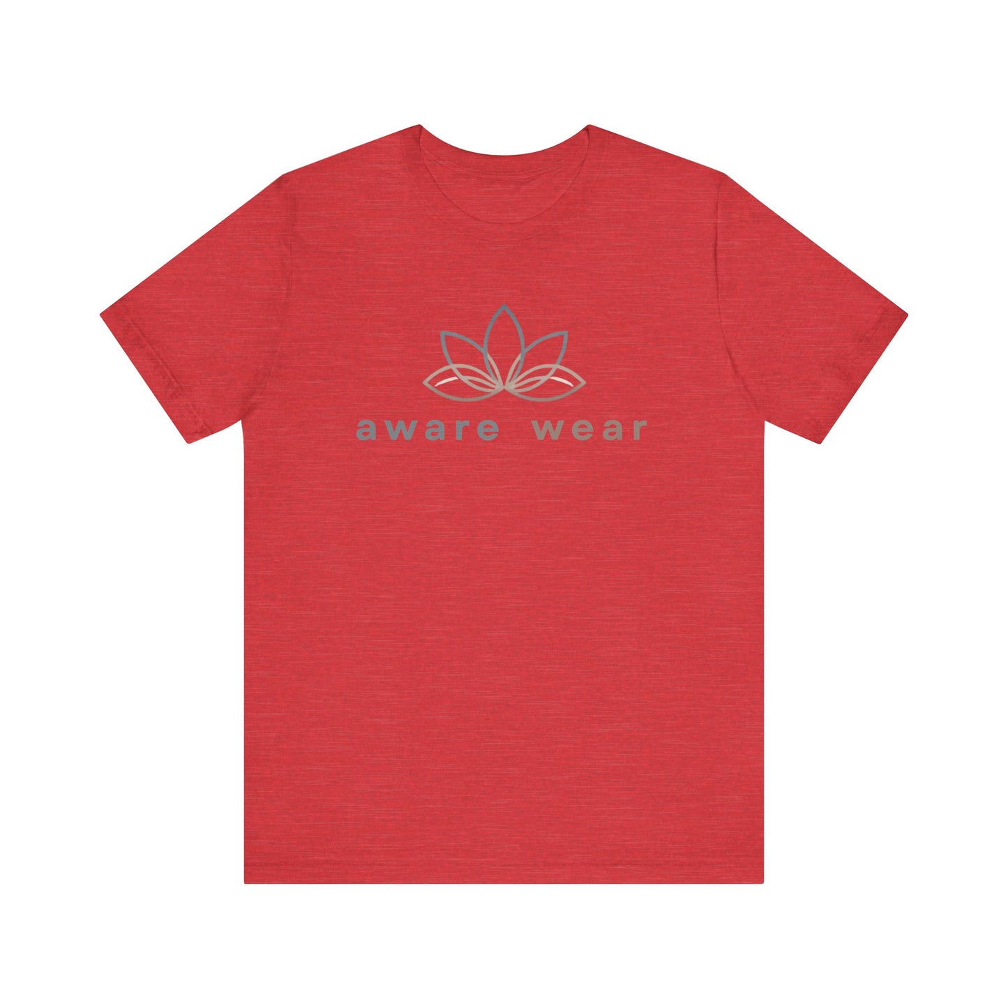 Red t-shirt with 'aware wear' logo on a white background front view