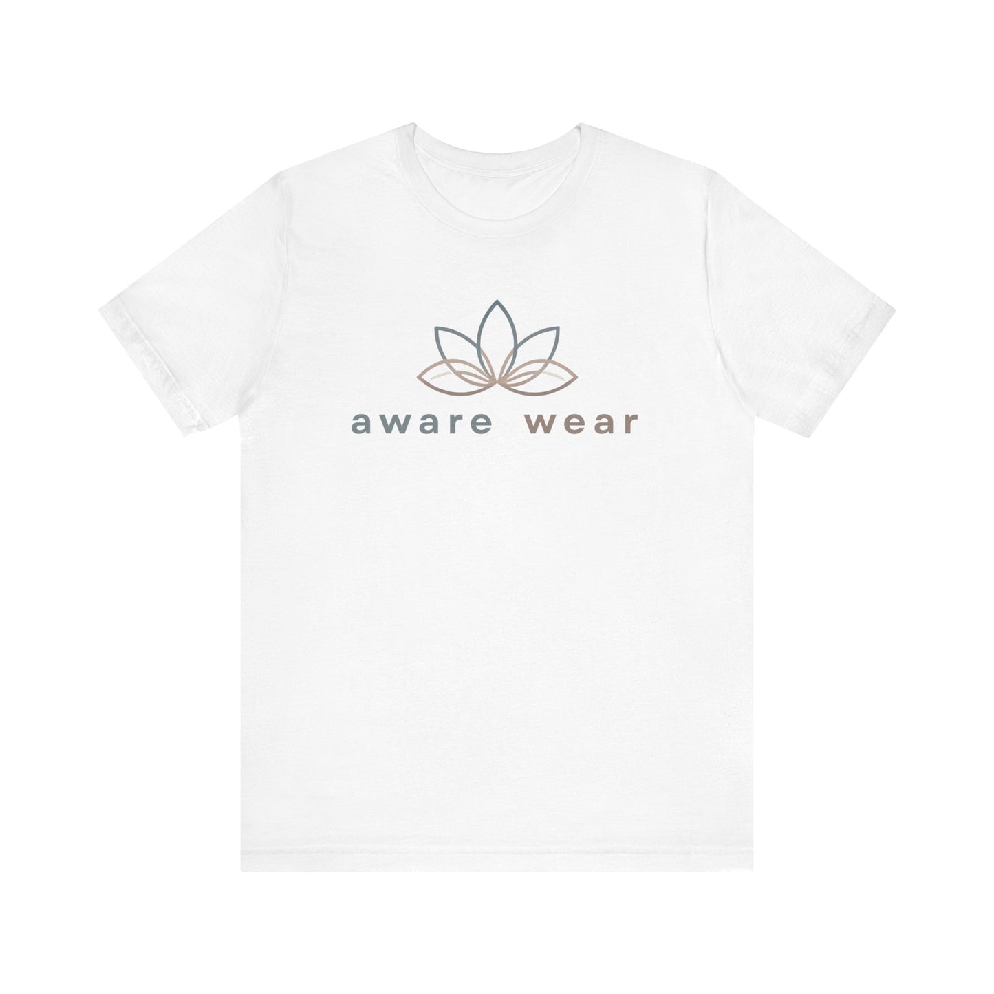White t-shirt with 'aware wear' logo on a white background front view