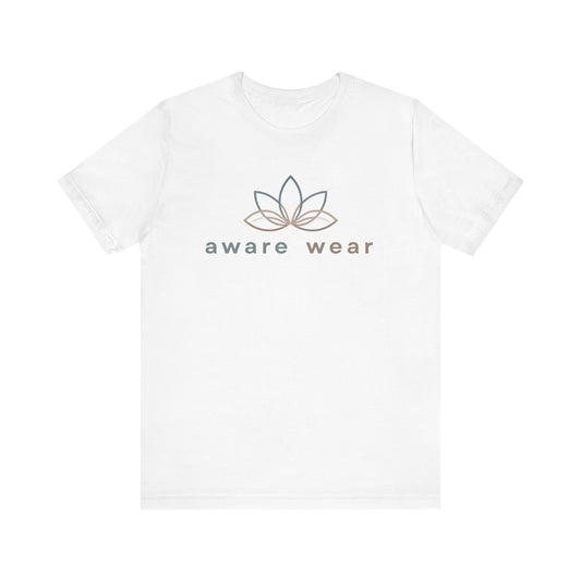 White t-shirt with 'aware wear' logo on a white background front view