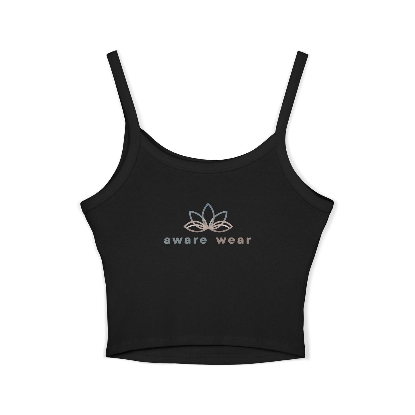 Black tank top with aware wear brand logo on a white background front view