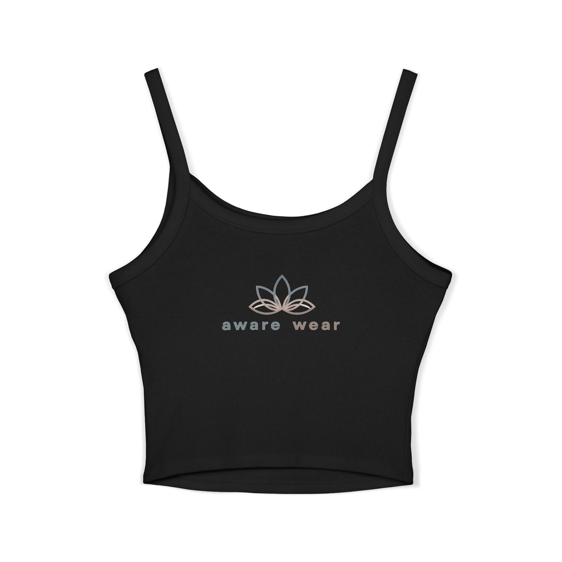 Black tank top with aware wear brand logo on a white background front view
