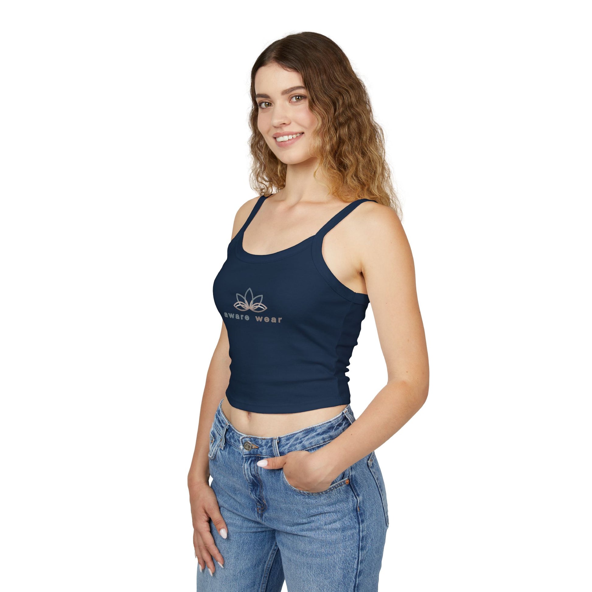 Woman wearing a navy blue tank top with a logo on a white background