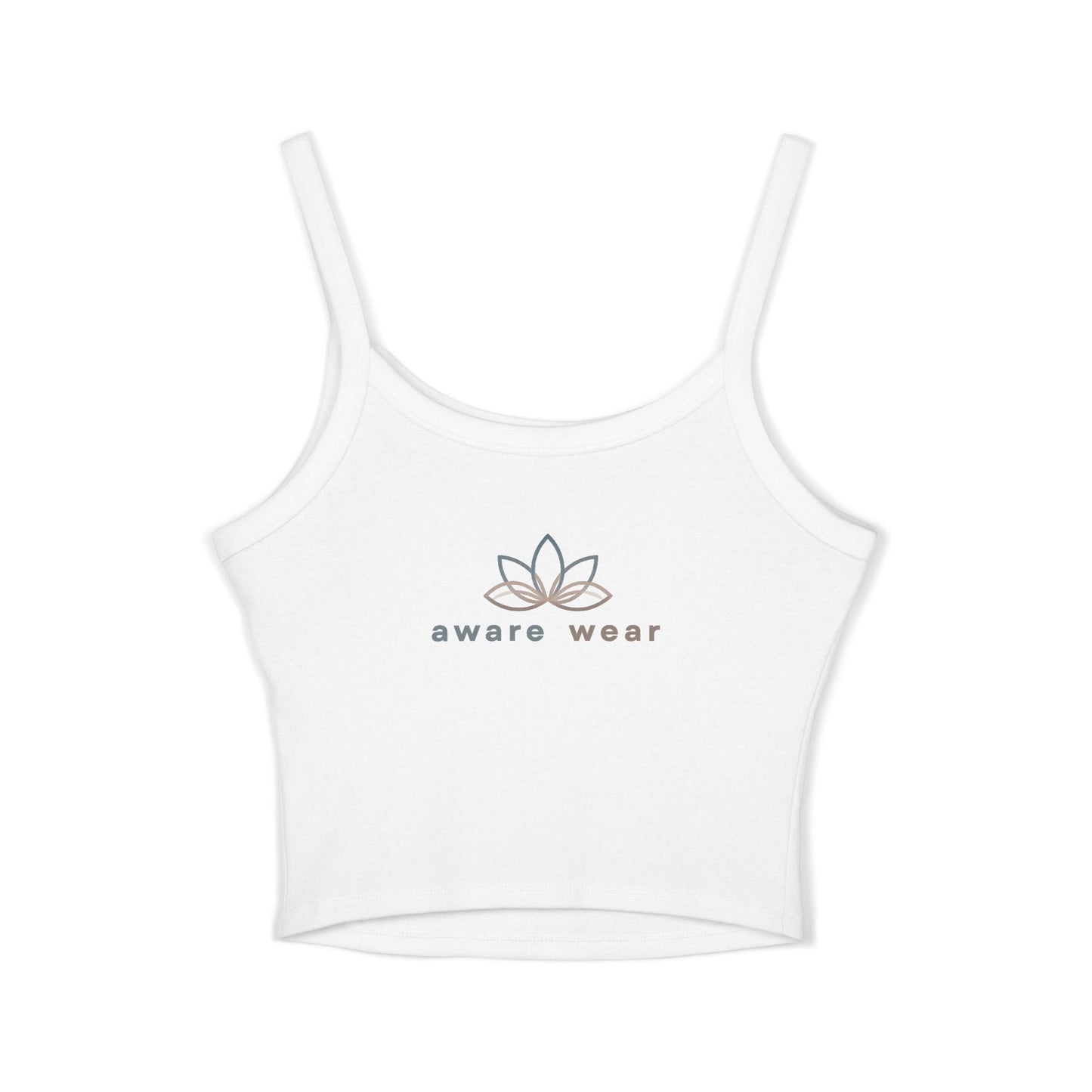 white yoga tank top with aware wear logo on white background front view