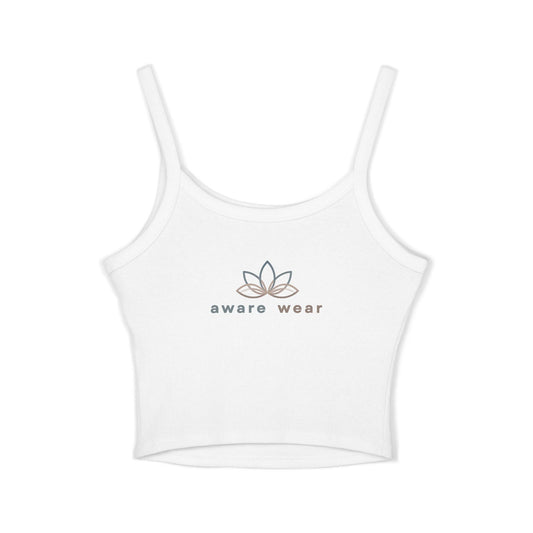 white yoga tank top with aware wear logo on white background front view