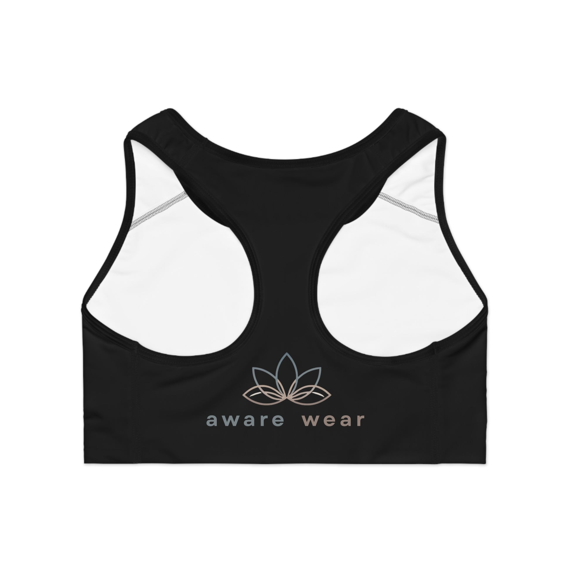 Black sports bra with white accents and 'aware wear' logo on a white background