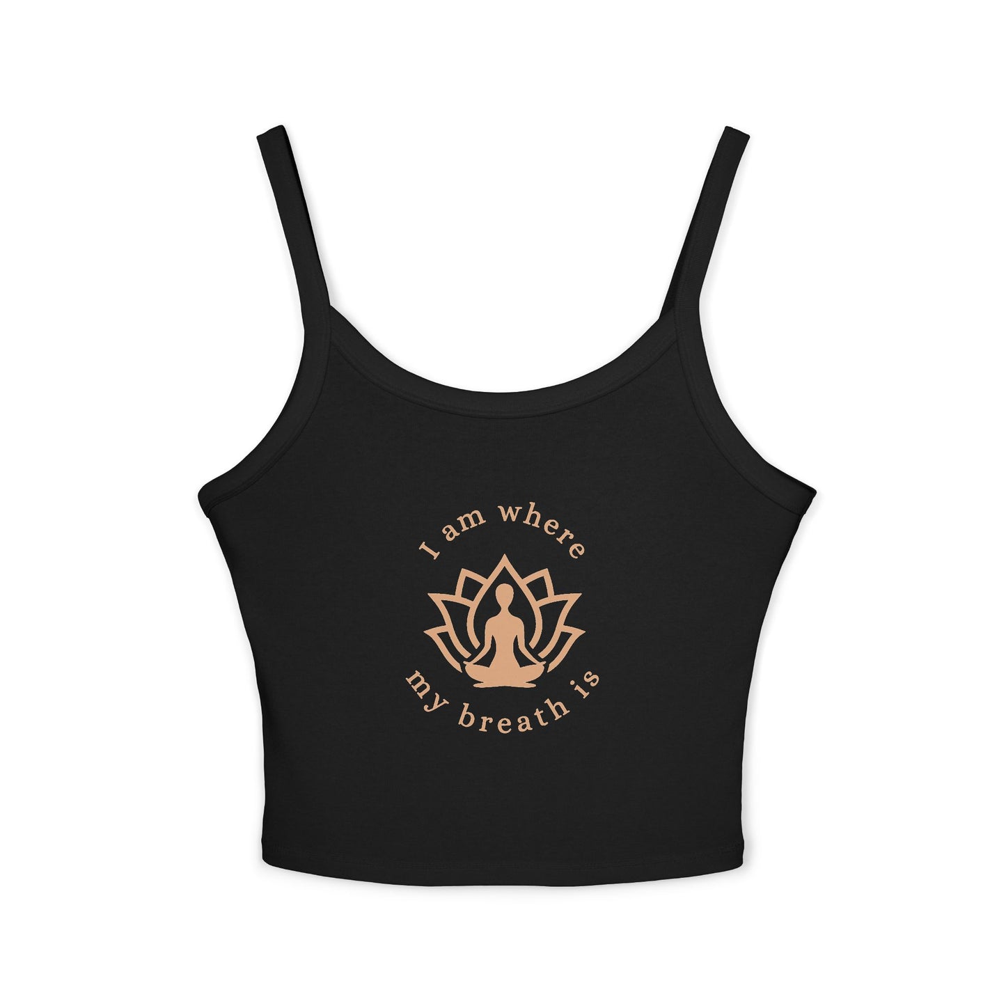 Black tank top with yoga-themed design on a white background front view