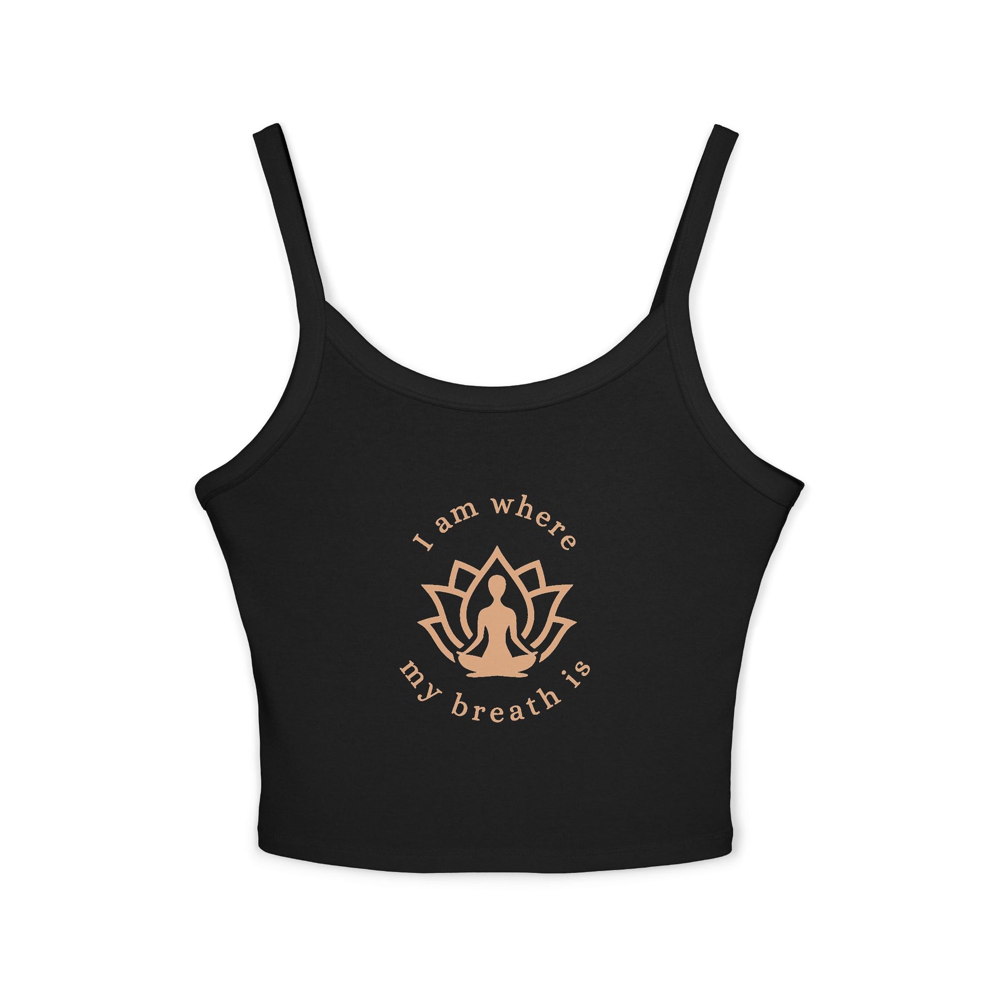 Black tank top with yoga-themed design on a white background front view