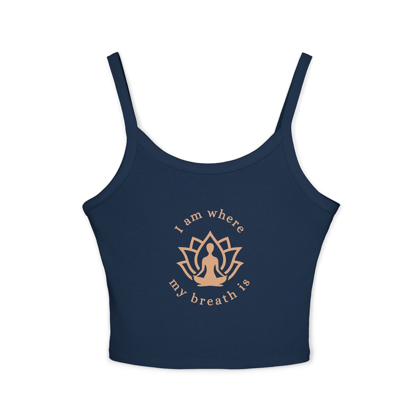 Navy blue tank top with a gold lotus design and text on a white background front view