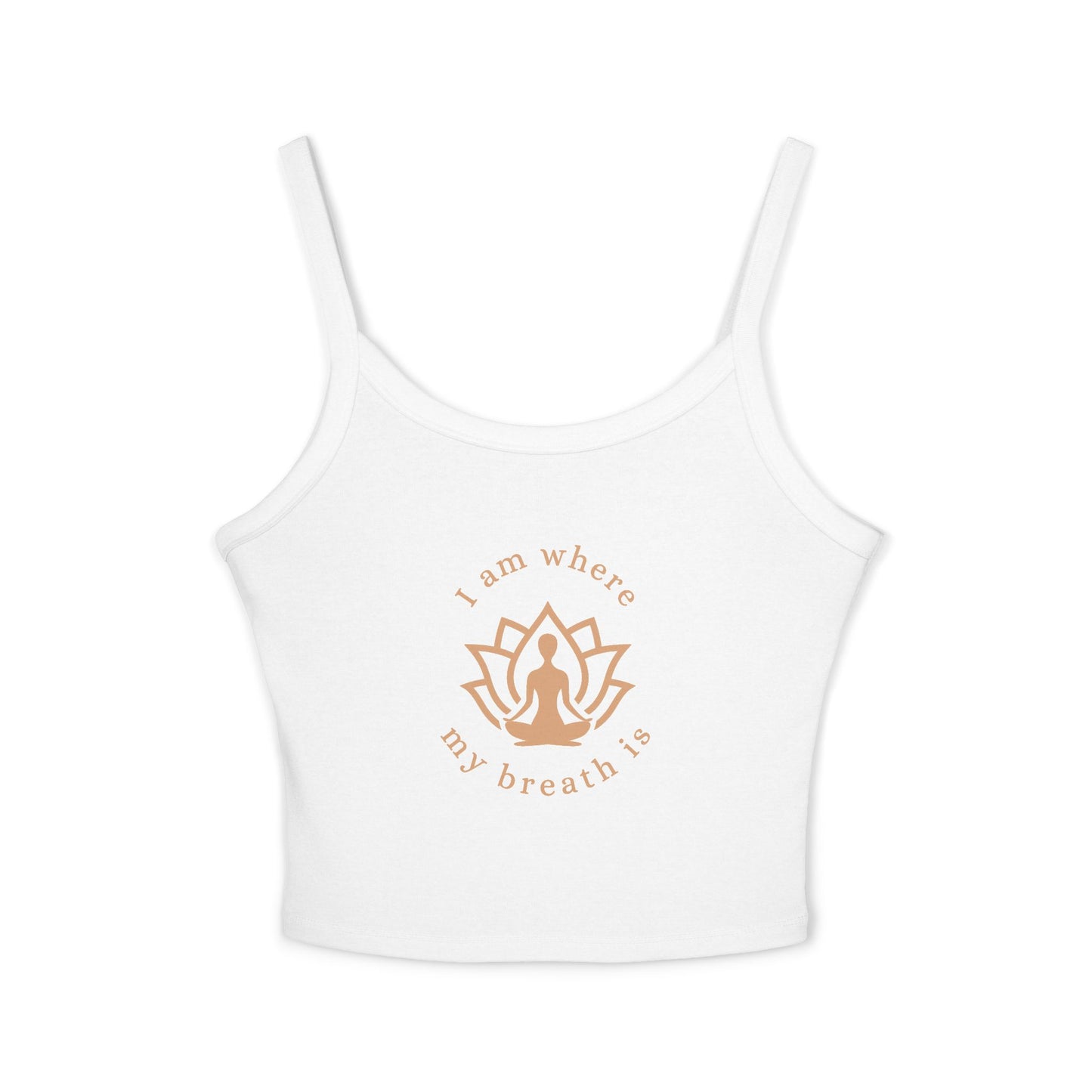 White tank top with gold text and lotus design on a white background front view