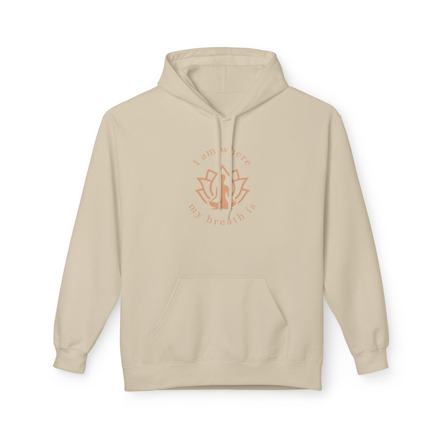 Beige hoodie with a logo and text on a white background front view