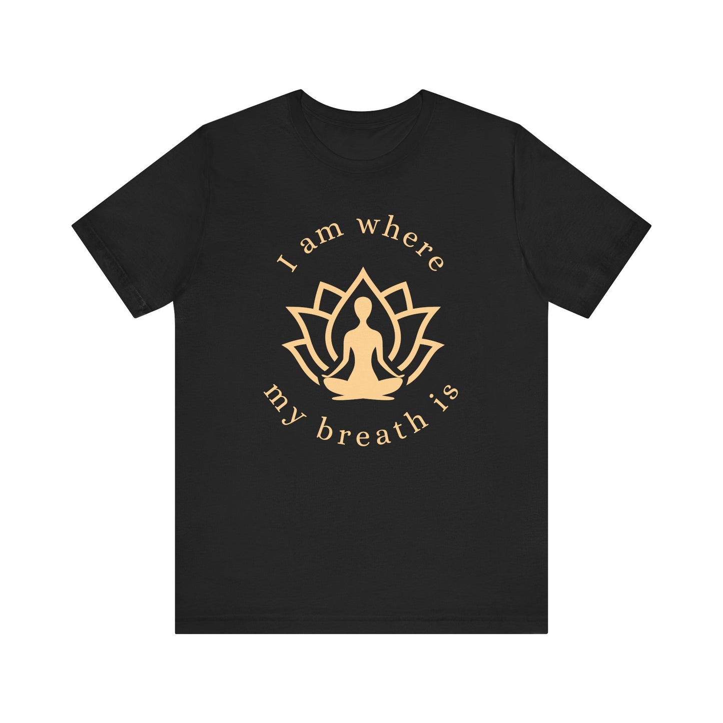 Black t-shirt with gold yoga-themed design and text on a white background front view