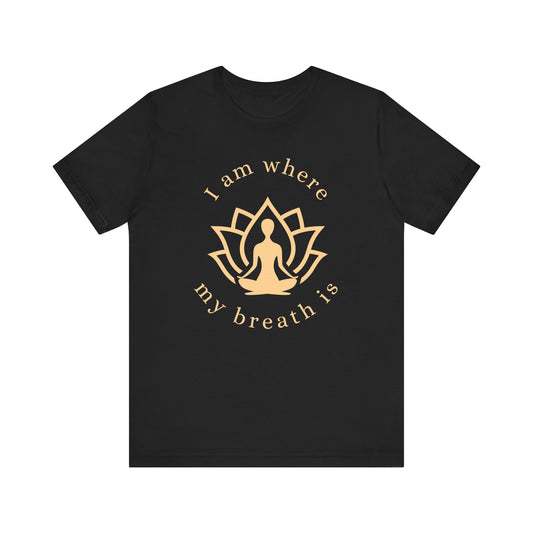 Black t-shirt with gold yoga-themed design and text on a white background front view