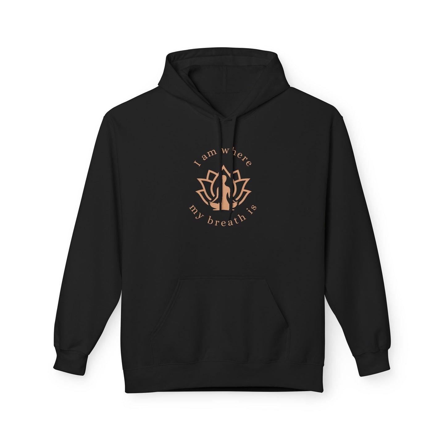 Black hoodie with a gold design and text on a white background front view