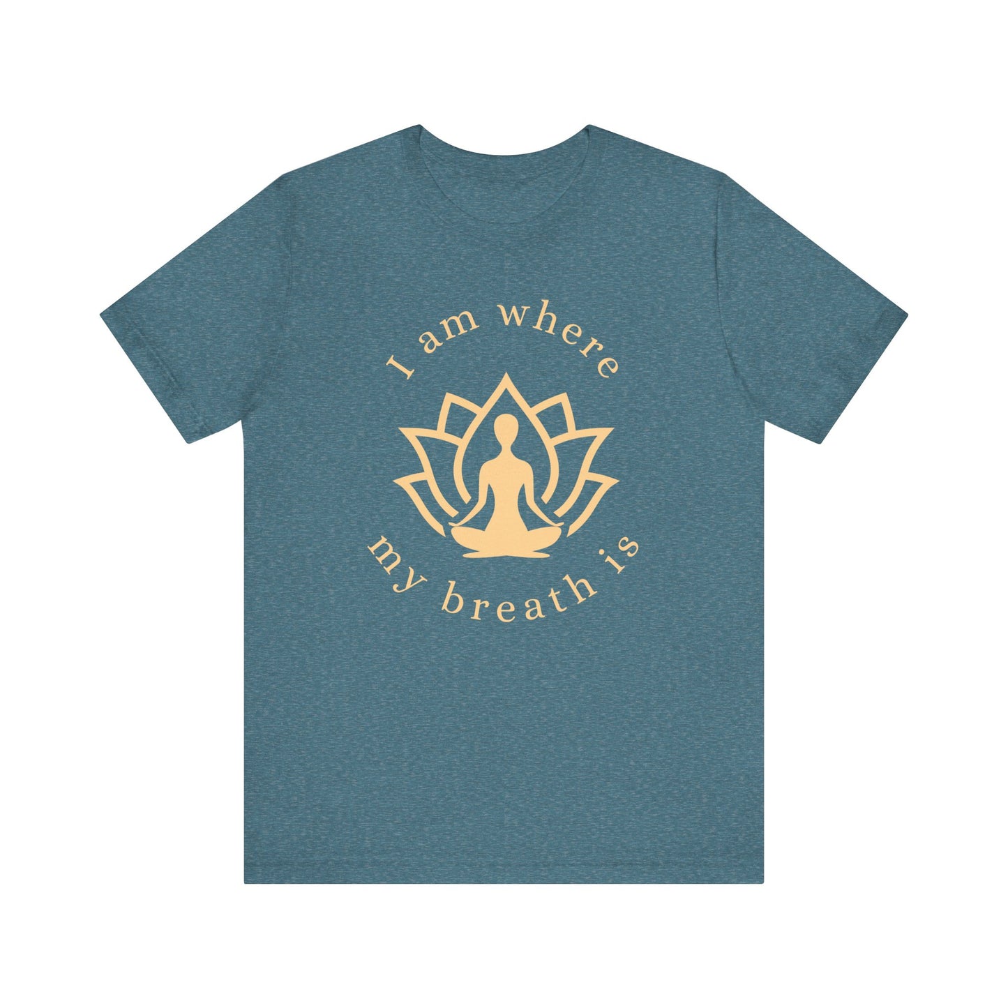Blue t-shirt with a yellow lotus flower and meditation pose design on a white background front view
