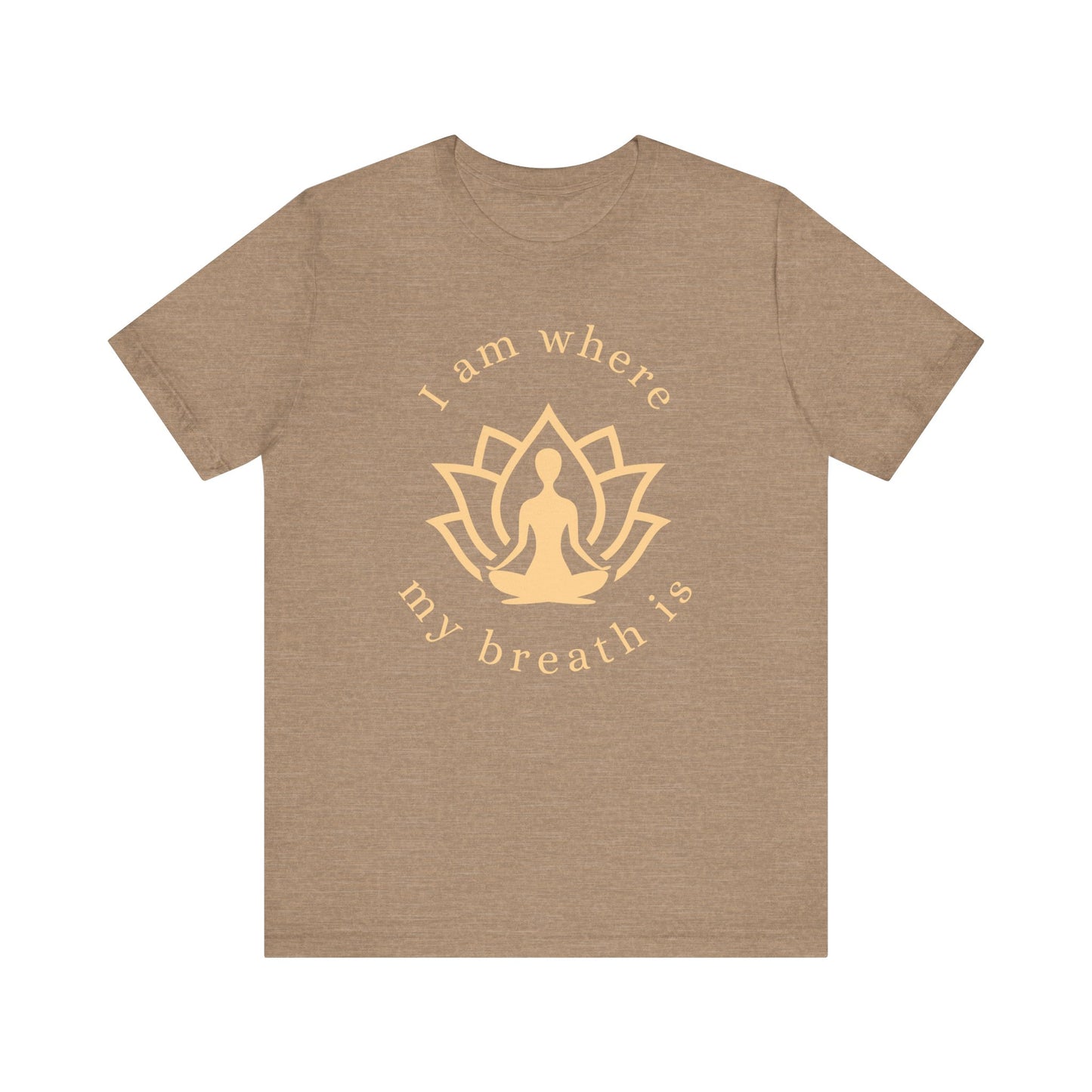 Brown t-shirt with gold yoga-themed design and text on a white background front view