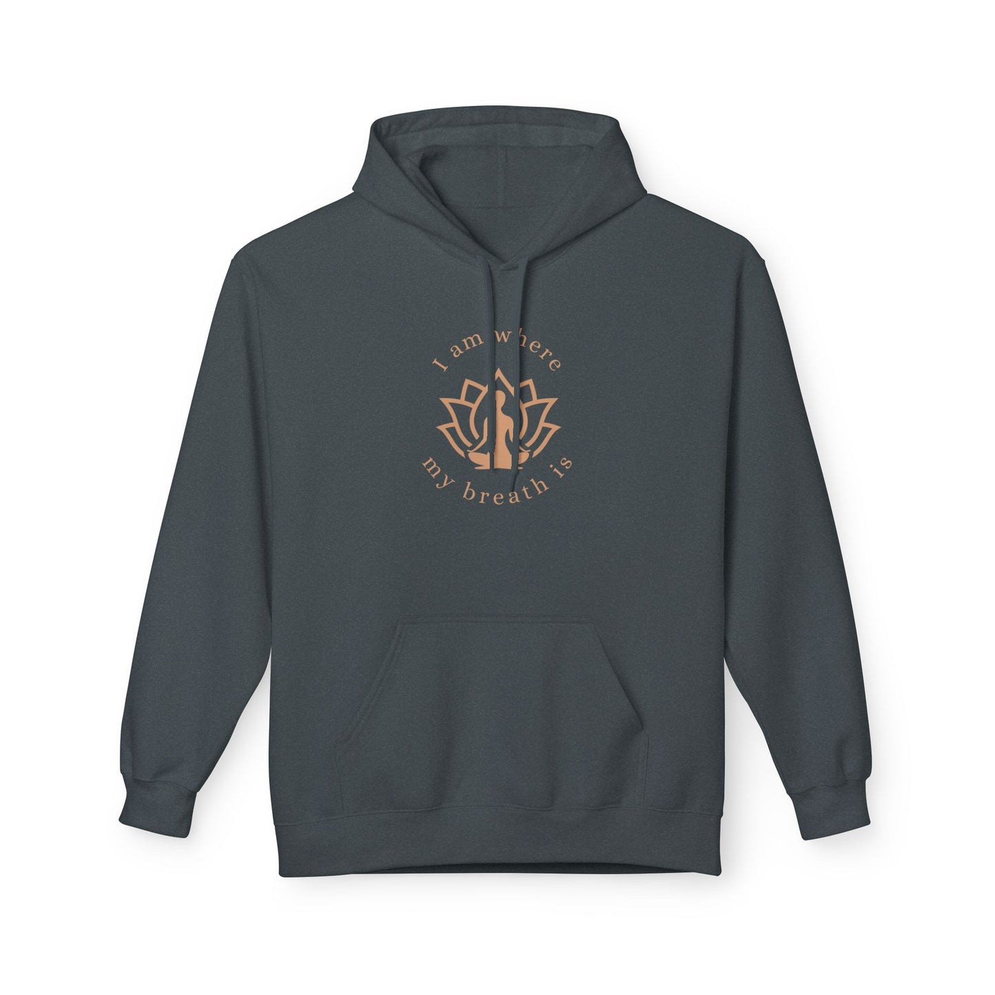 Dark grey hoodie with a gold design and text on a white background front view