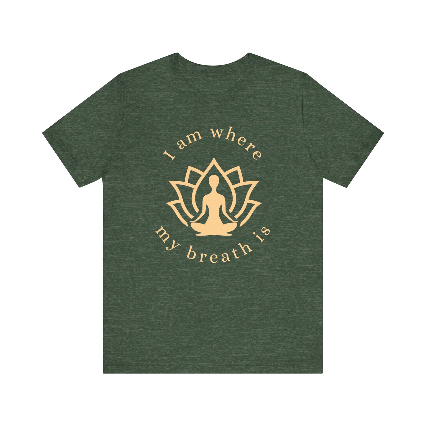 Green t-shirt with gold yoga design and text on a white background front view