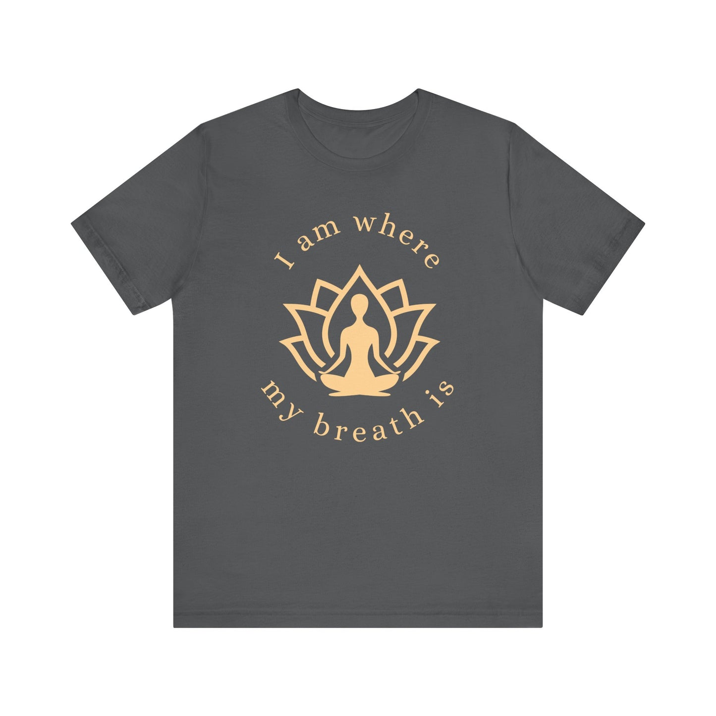 Grey t-shirt with gold yoga-themed design and text on a white background front view