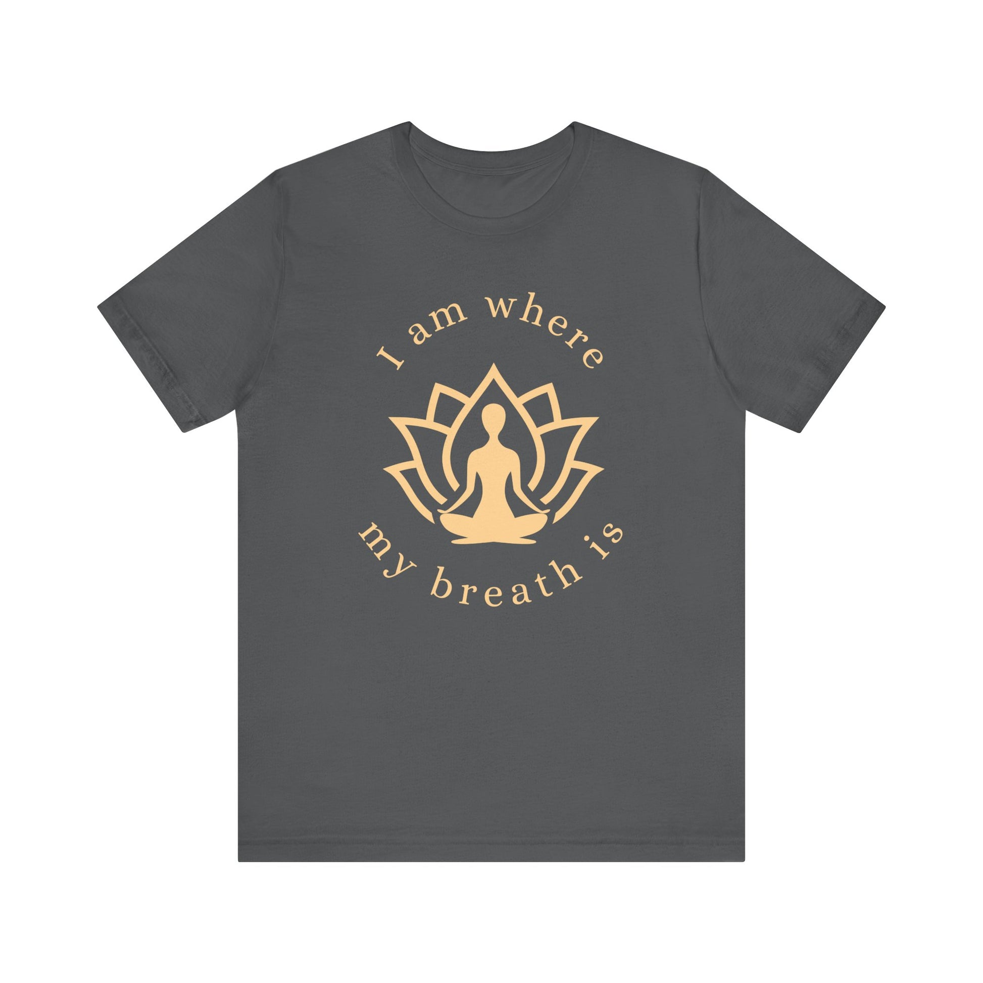 Grey t-shirt with gold yoga-themed design and text on a white background front view
