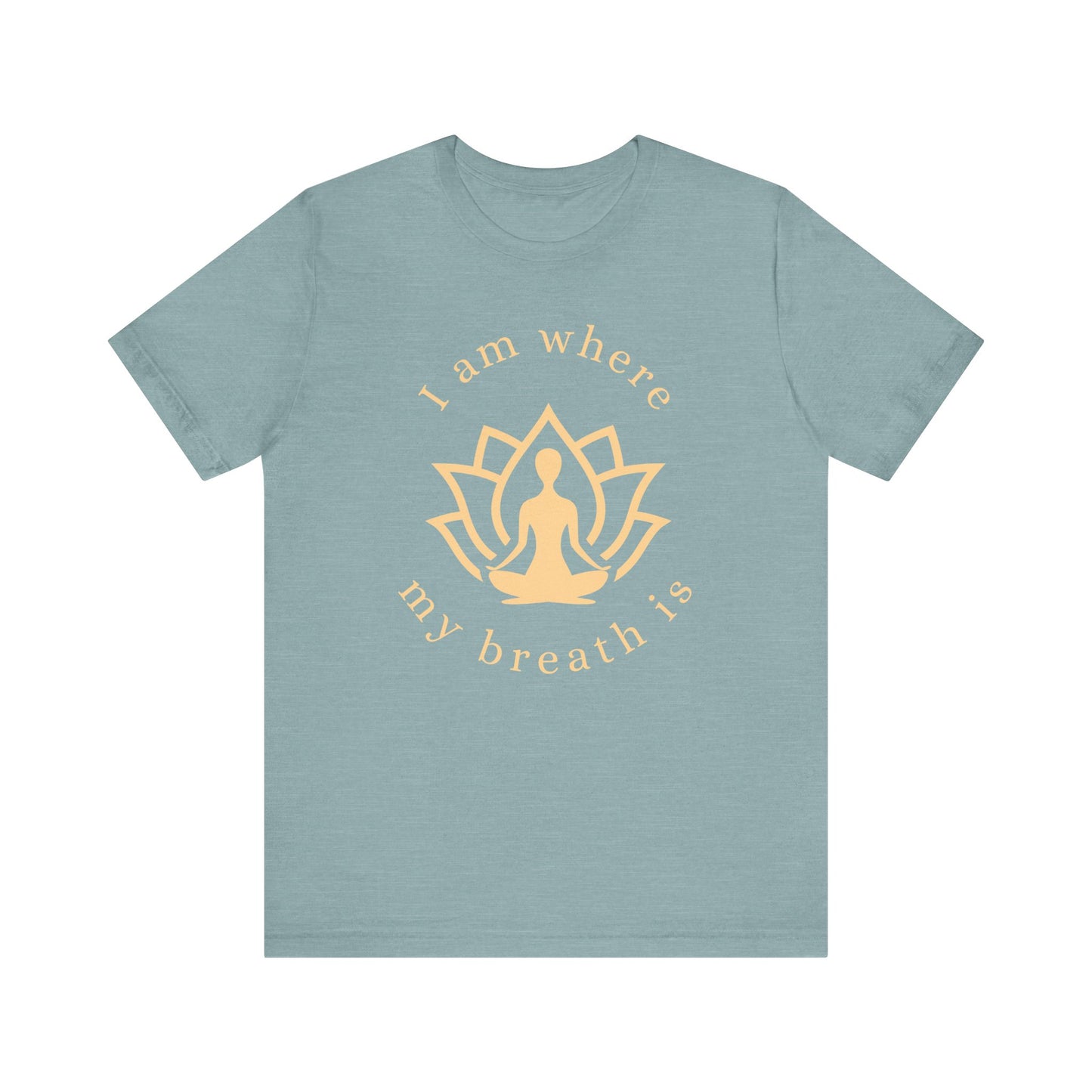 Light blue t-shirt with gold yoga-themed design and text on a white background front view