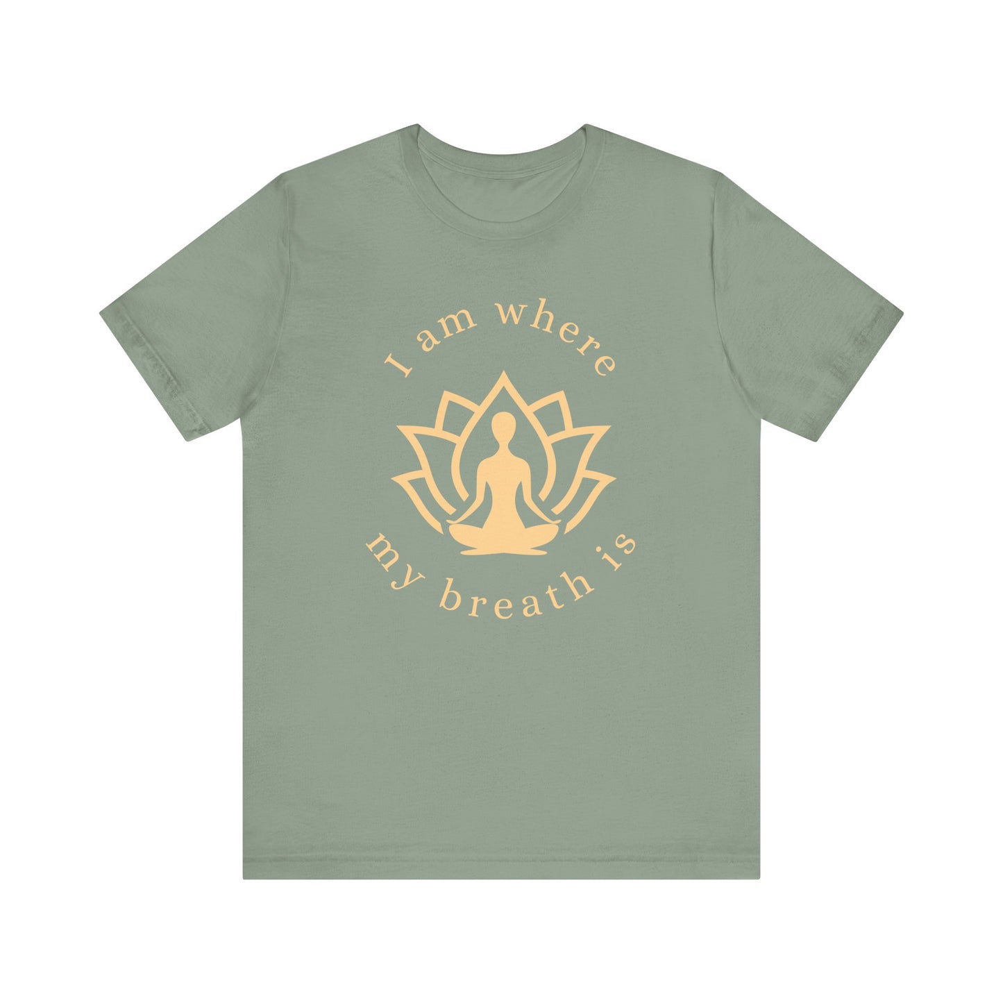 Green t-shirt with a gold yoga-themed design and text on a white background front view