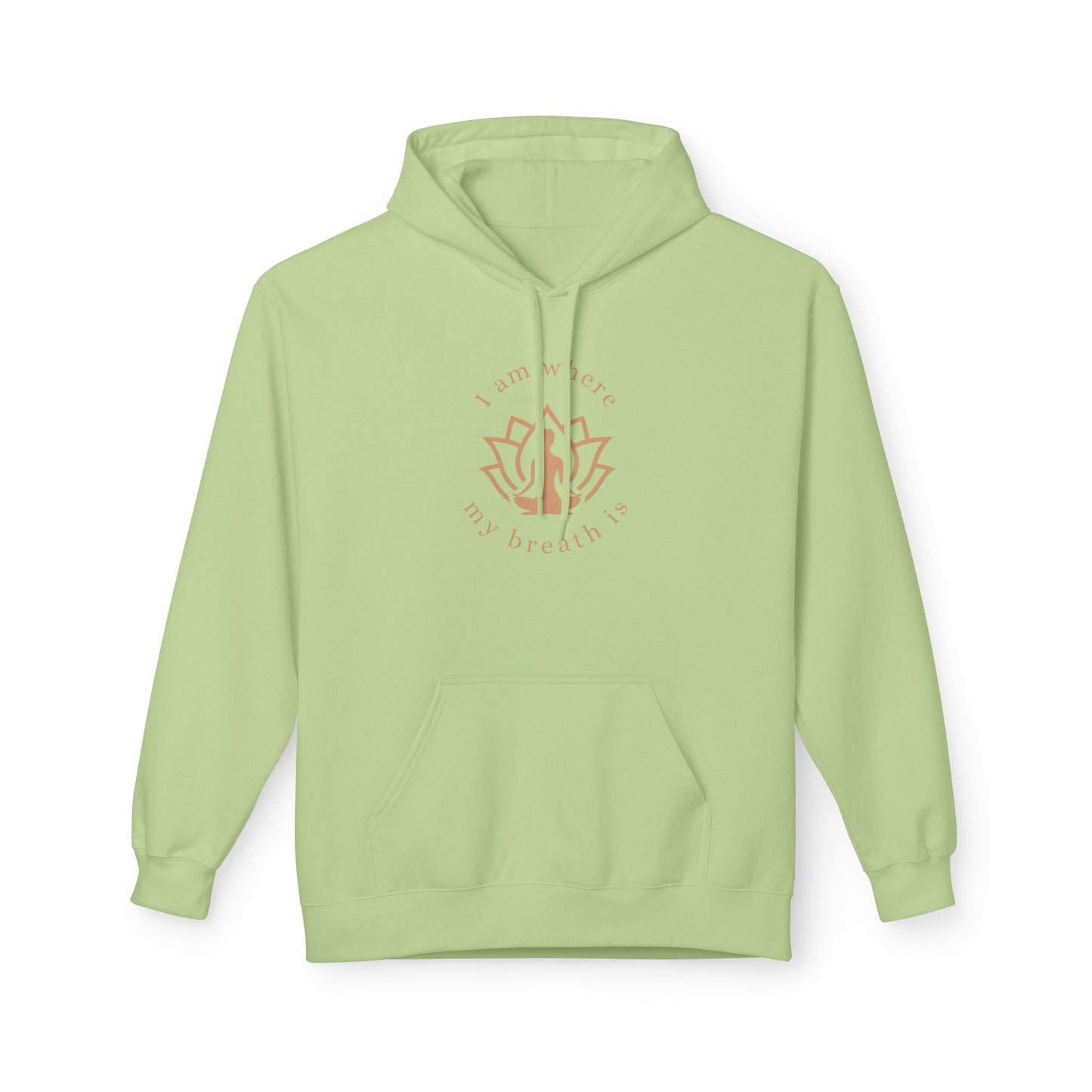 Light green hoodie with a red logo and text on a white background front view