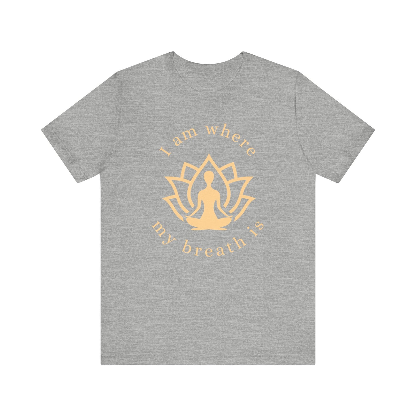 Grey t-shirt with gold yoga-themed design on a white background front view