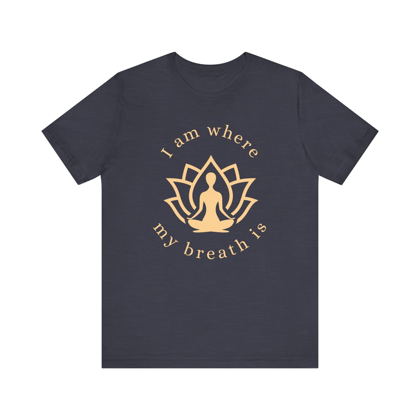 Navy blue t-shirt with gold yoga-themed design and text on a white background front view