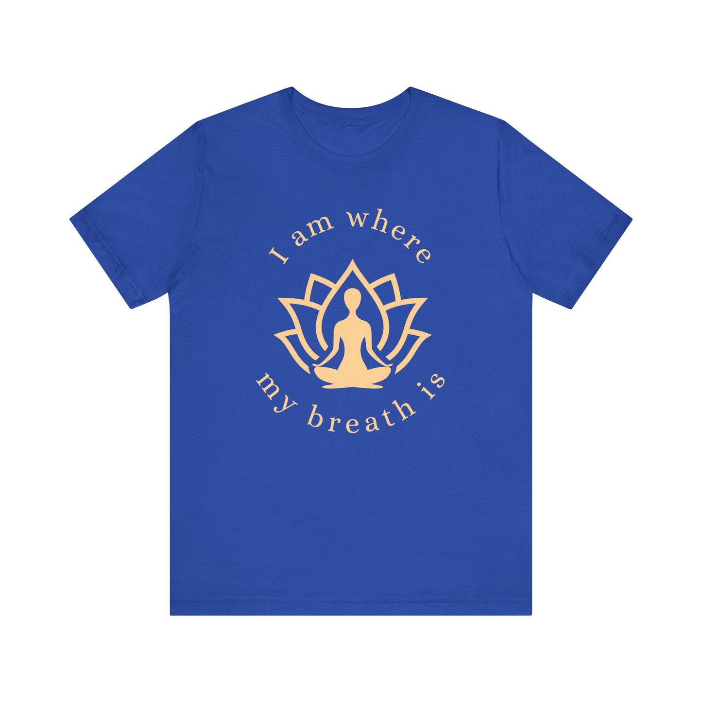 Blue t-shirt with a yellow lotus flower and text on a white background front view