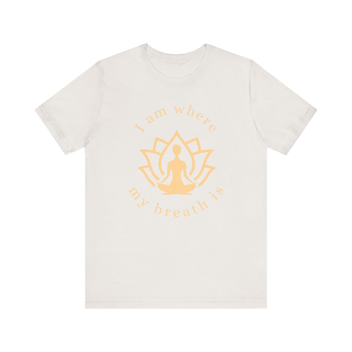 White t-shirt with yellow lotus design and text on a white background front view