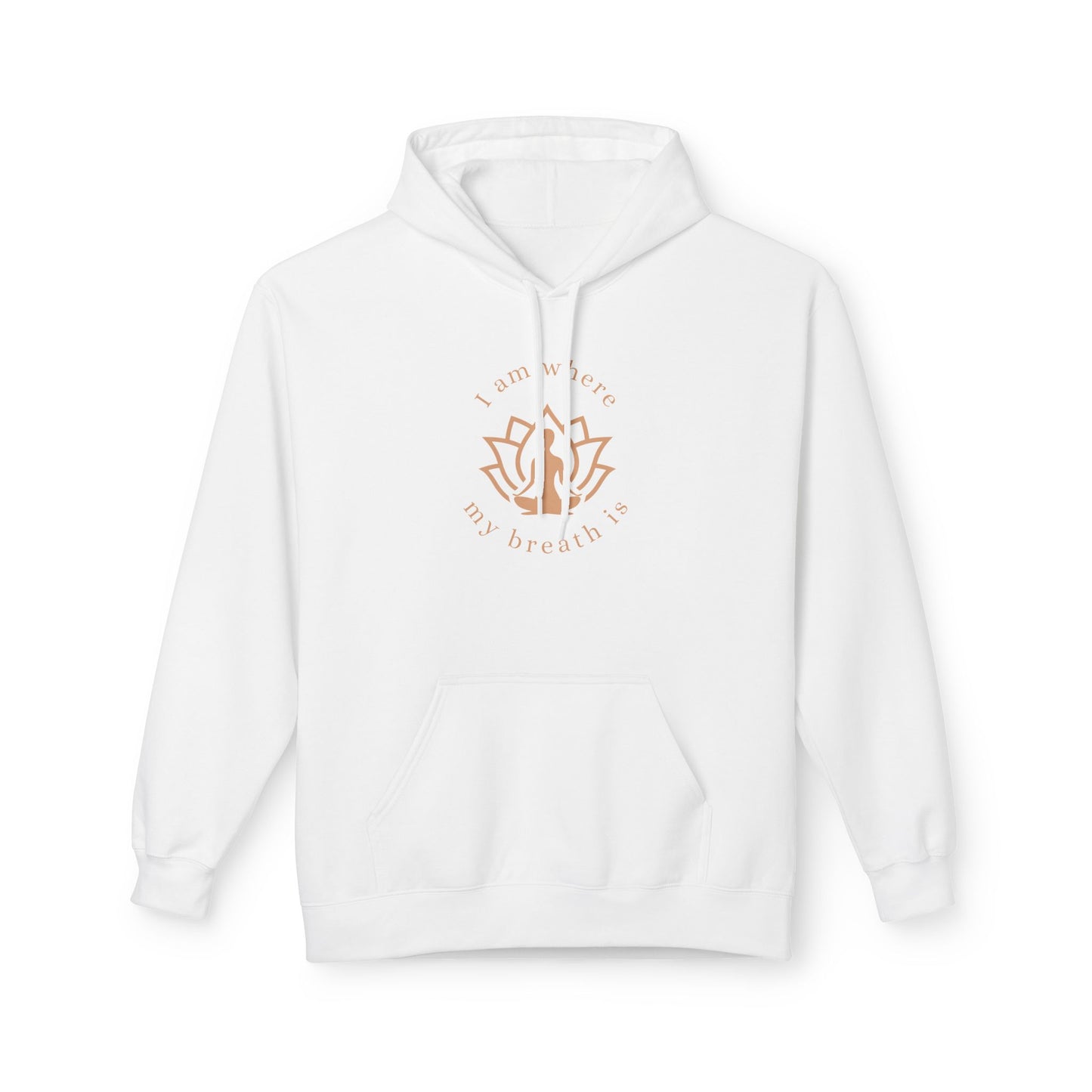 White hoodie with a gold design and text on a white background front view