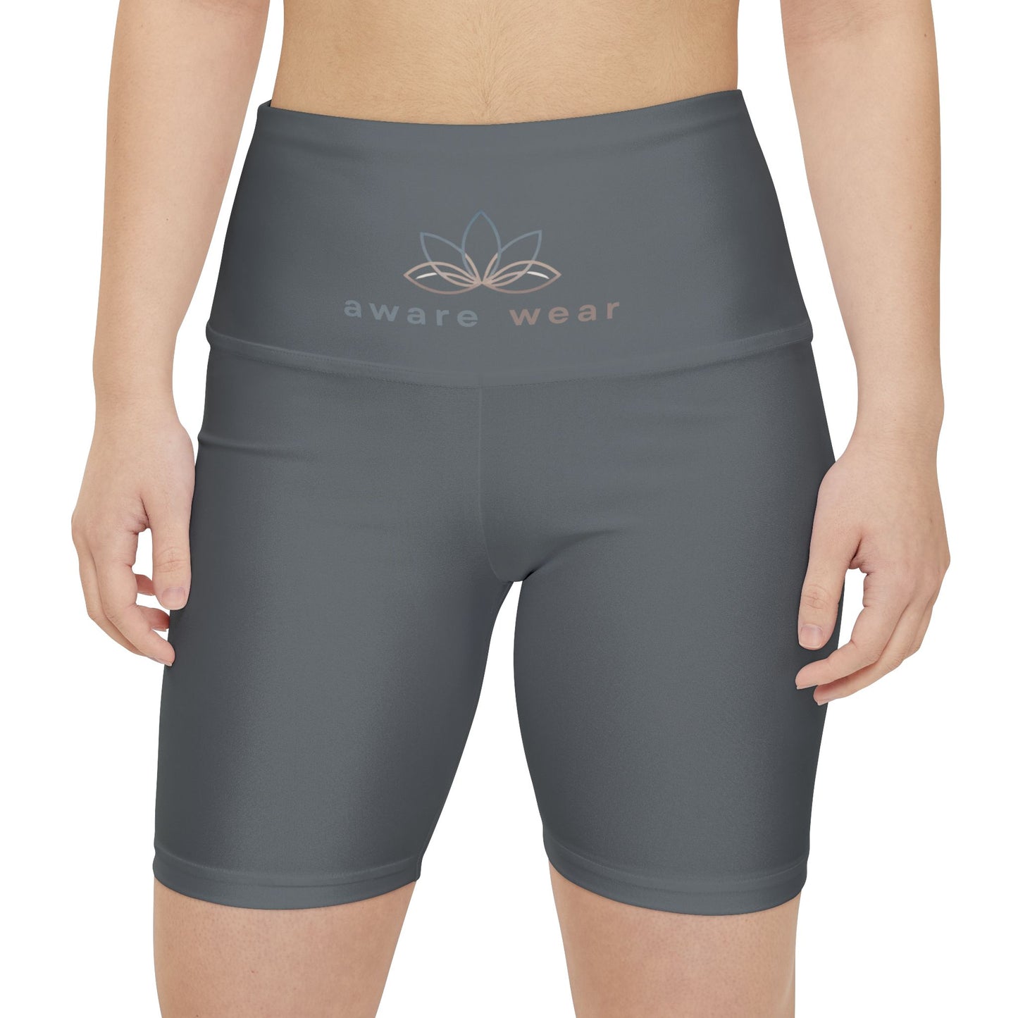 Gray yoga shorts with 'aware wear' logo on a white background front view