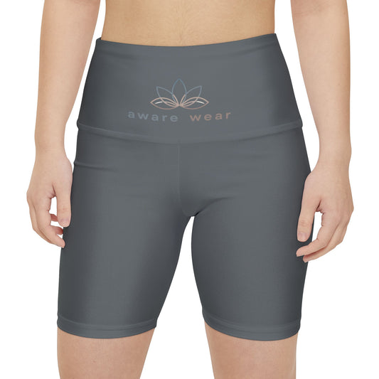 Gray yoga shorts with 'aware wear' logo on a white background front view
