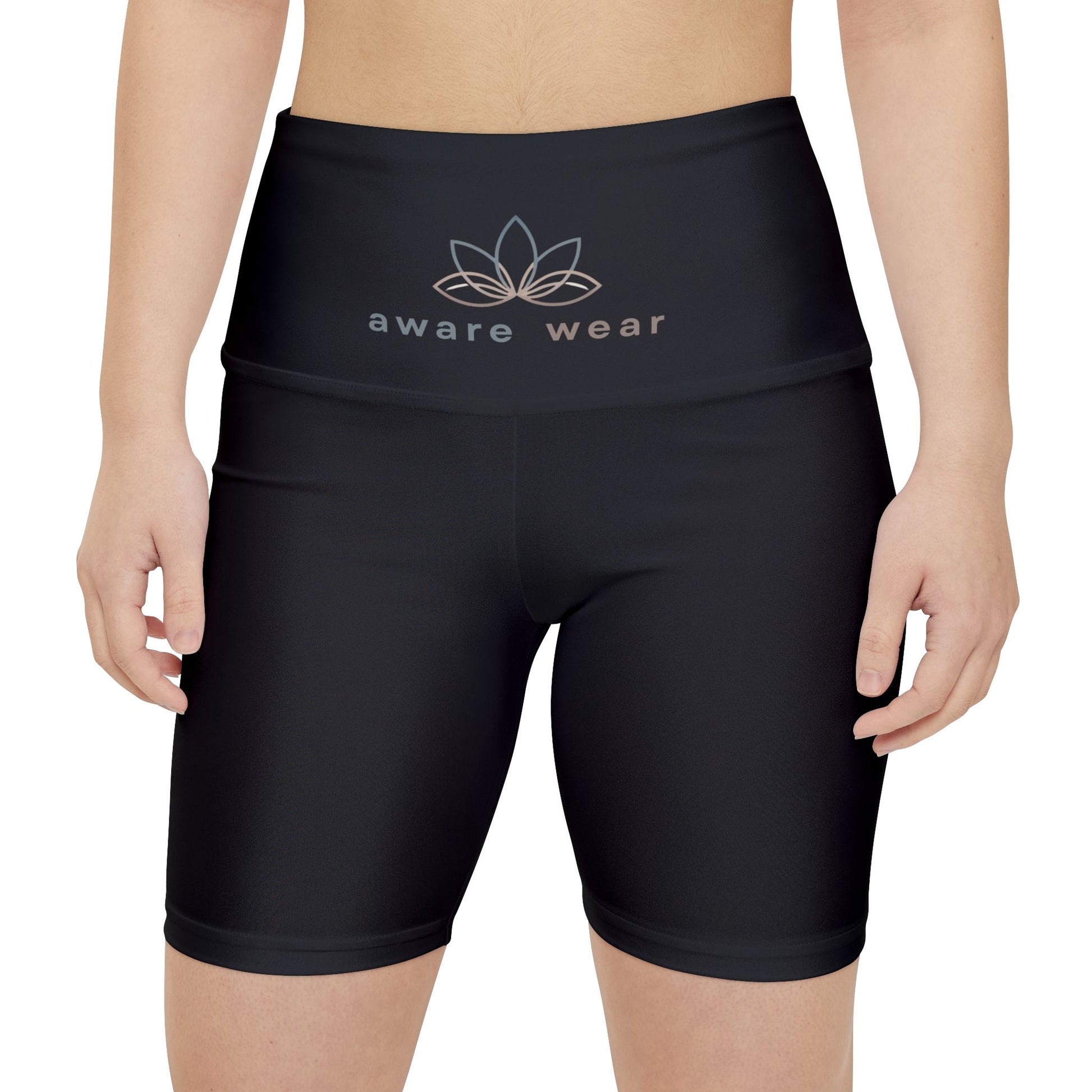 Black athletic shorts with 'aware wear' logo on a white background front view