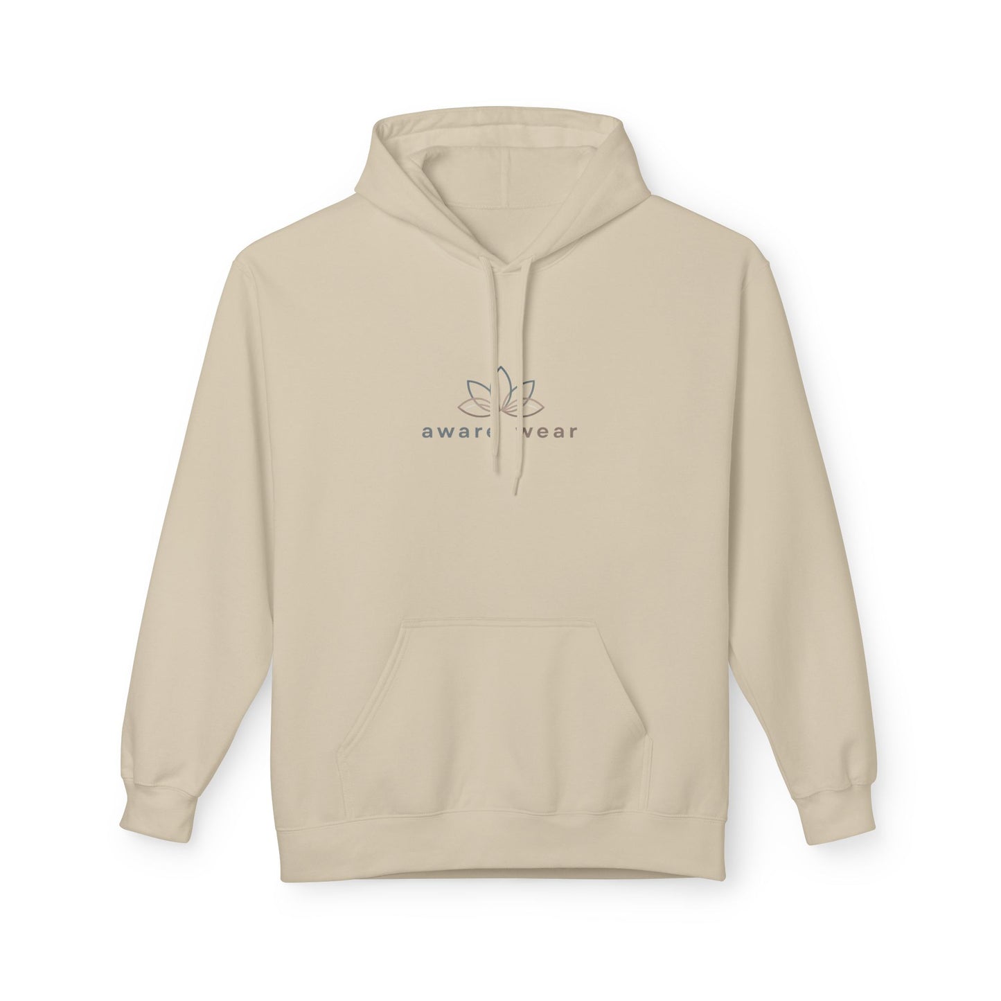 Beige hoodie with a brand logo on a white background front view