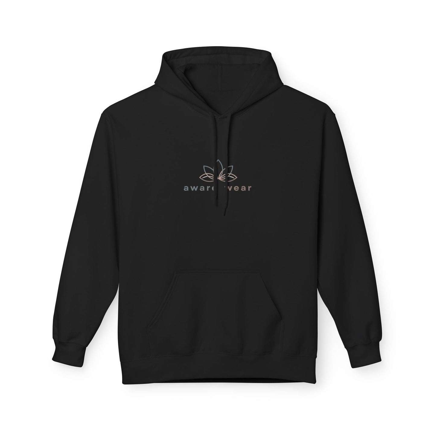 Black hoodie with a logo and text on a white background front view