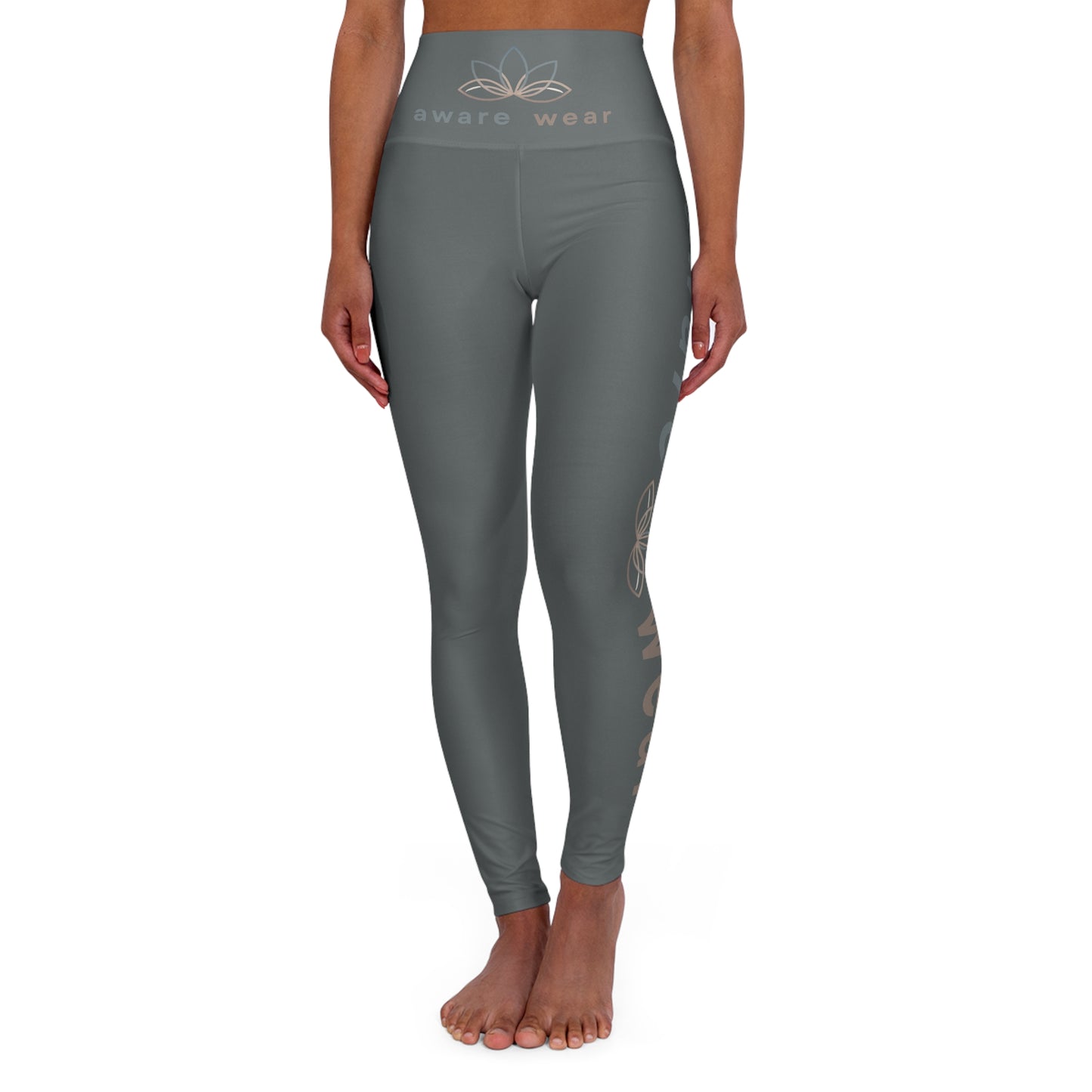 grey yoga leggings worn by a person on a white background front view
