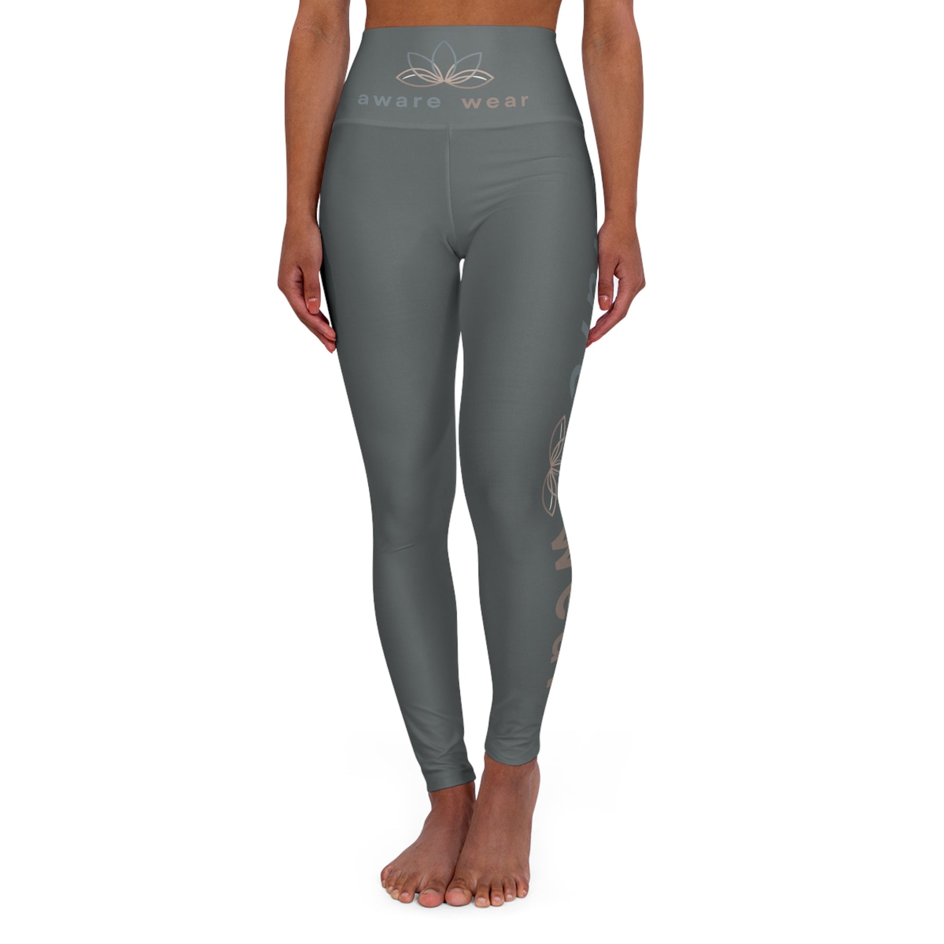 grey yoga leggings worn by a person on a white background front view
